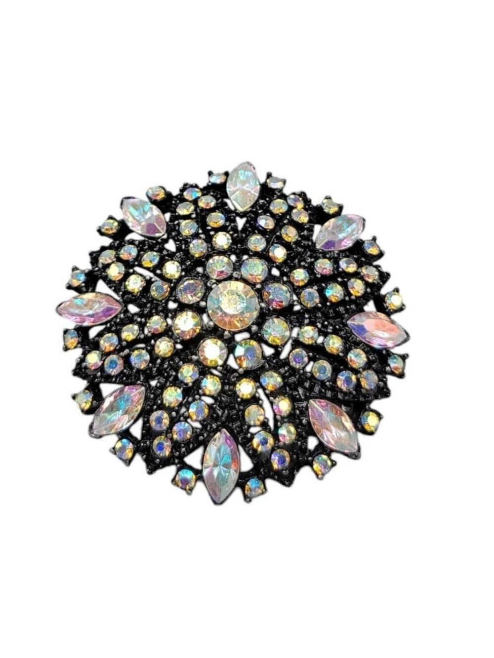 Vintage Style Aurora Borealis Rhinestone Brooch Pendant Domed Black Starburst